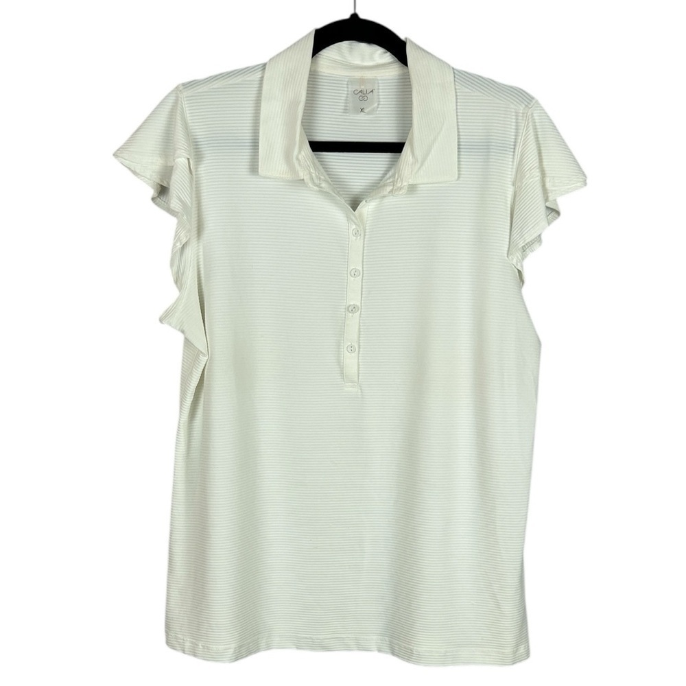 Calia Sporty Athletic Tennis Golf Short Ruffle Sleeve Ribbed Nylon Top XL White